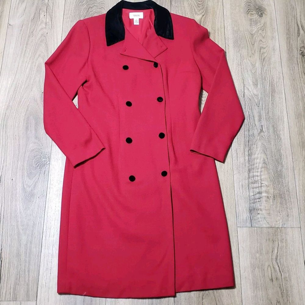 Vintage Talbots ‎ Size 10 Red With Black Trim Wool Mid Length Coat Shoulder Pad